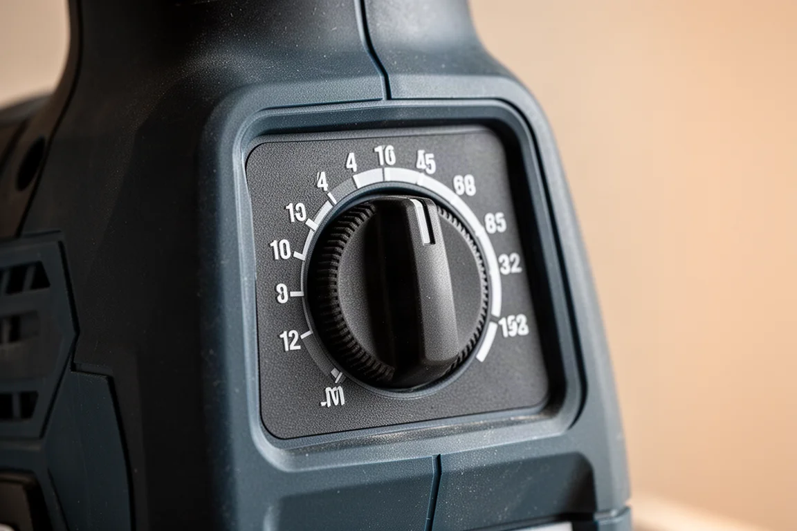 Close-up do dial de velocidade variável na parte traseira do corpo de uma serra trilho