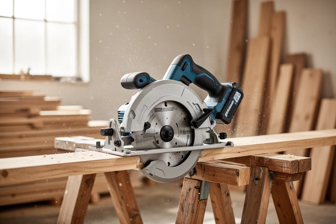 Cordless circular saw resting on sawhorses in a bright workshop
