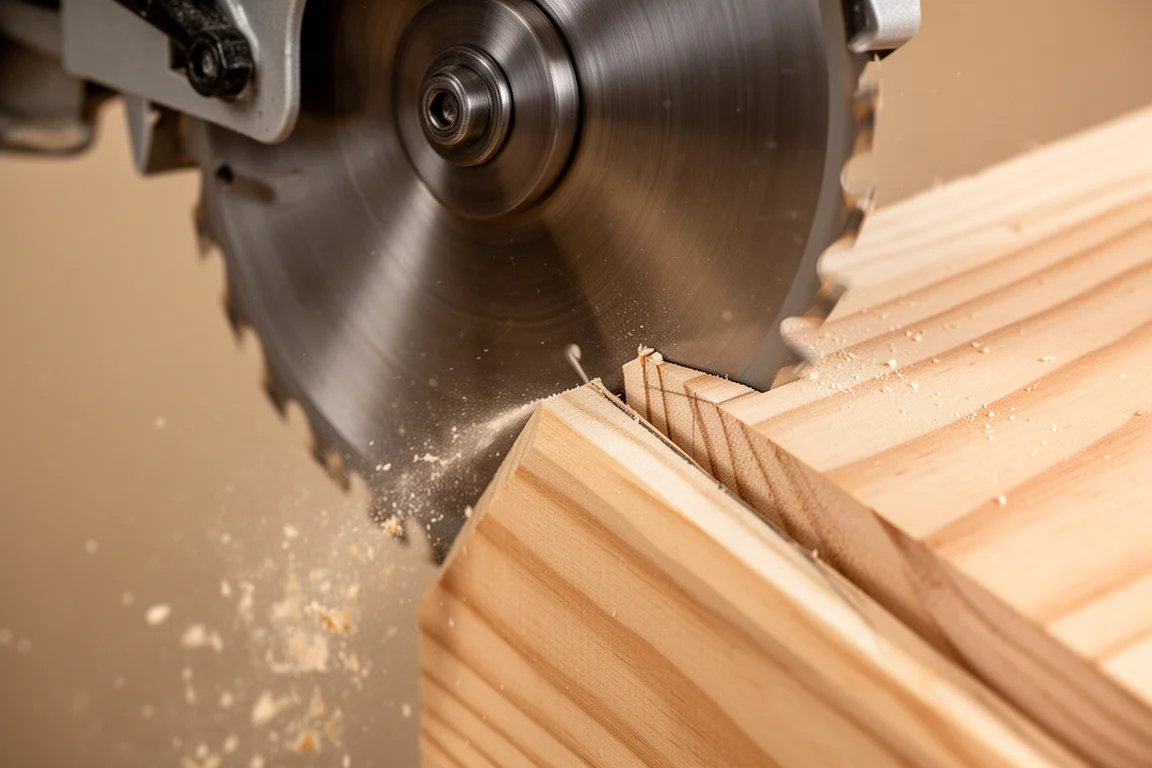 Close-up of a circular saw making a smooth bevel cut through lumber