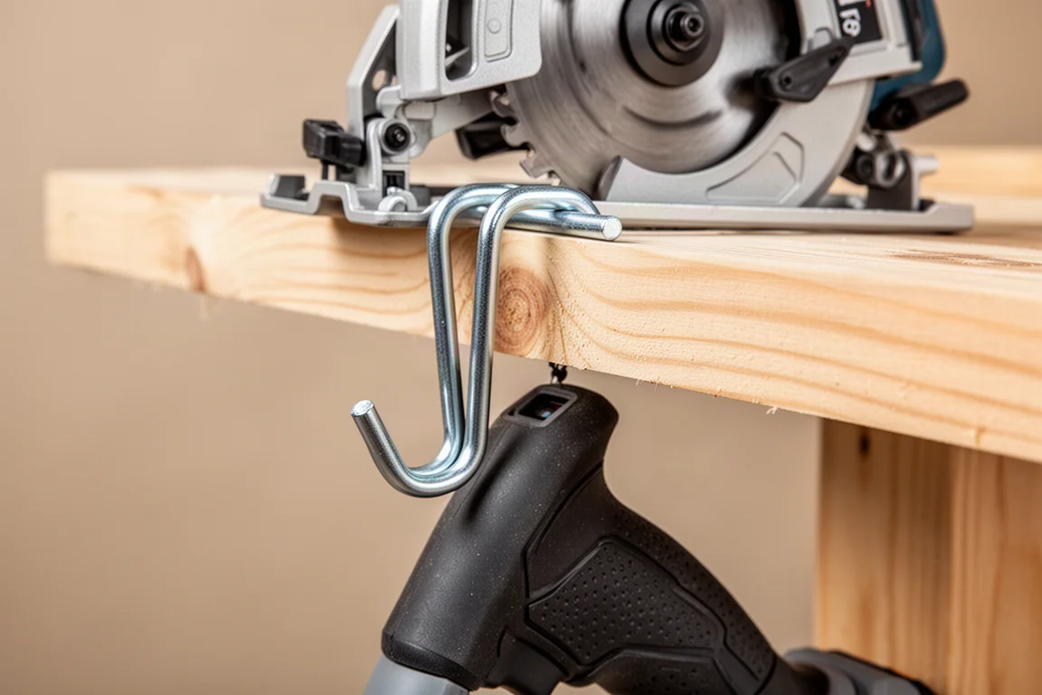 Rafter hook on a circular saw hanging securely on a two-by board