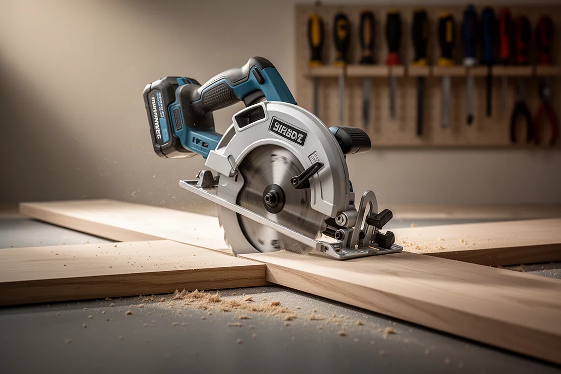 Circular saw cutting a compound bevel on a workbench under soft light
