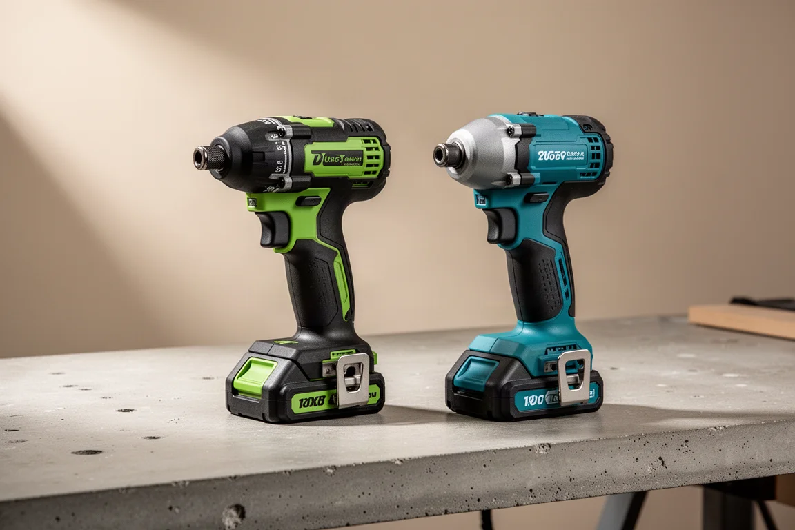 Two cordless impact drivers standing side by side on a concrete workbench