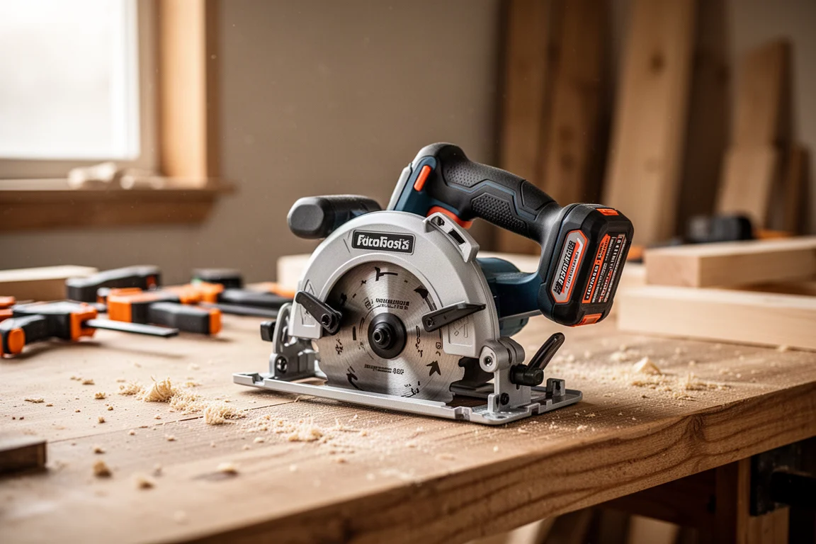 Compact cordless circular saw resting on a workbench in a workshop