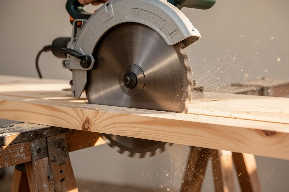 Close-up of a circular saw cutting through a board with sawdust flying