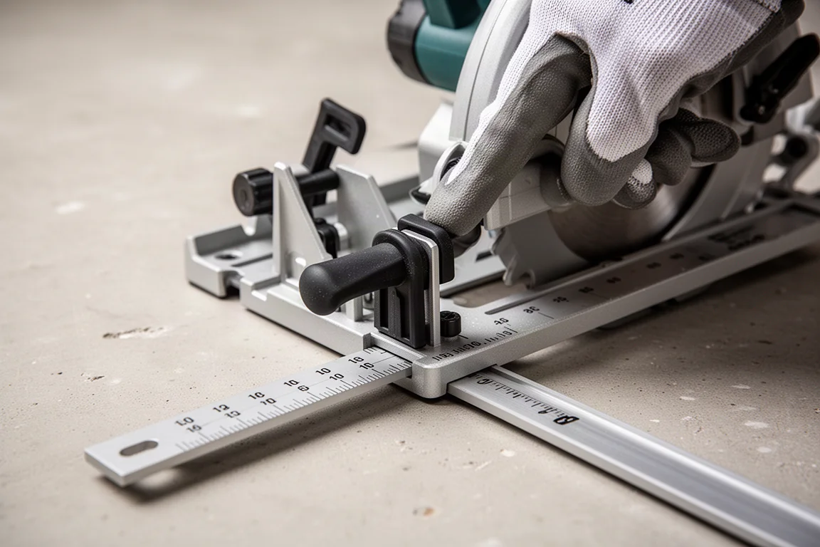 Person adjusting the depth lever on a circular saw base plate