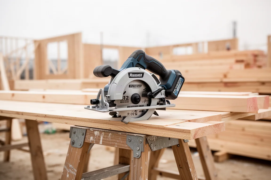 Circular saw balanced on a ladder platform at a construction site