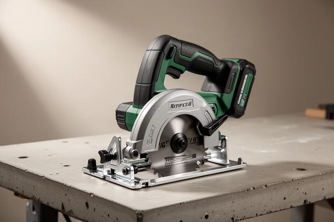 Compact cordless circular saw with polished aluminum shoe on a concrete workbench