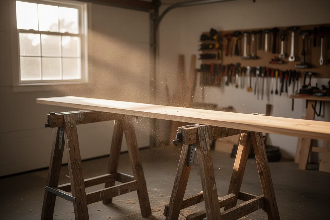 Zaagbokken in de werkplaats met een houten plank klaar voor een zaagklus
