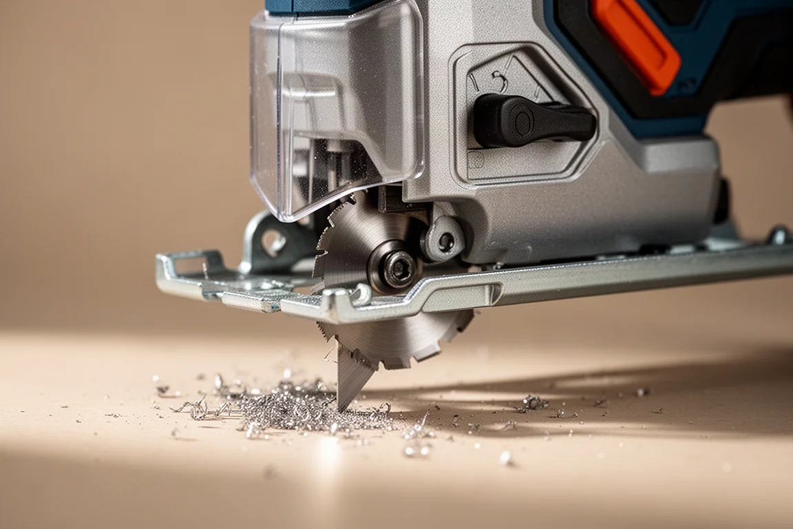 Nahaufnahme eines Metallsägeblatts und unterer Abdeckung an einer kompakten Säge
