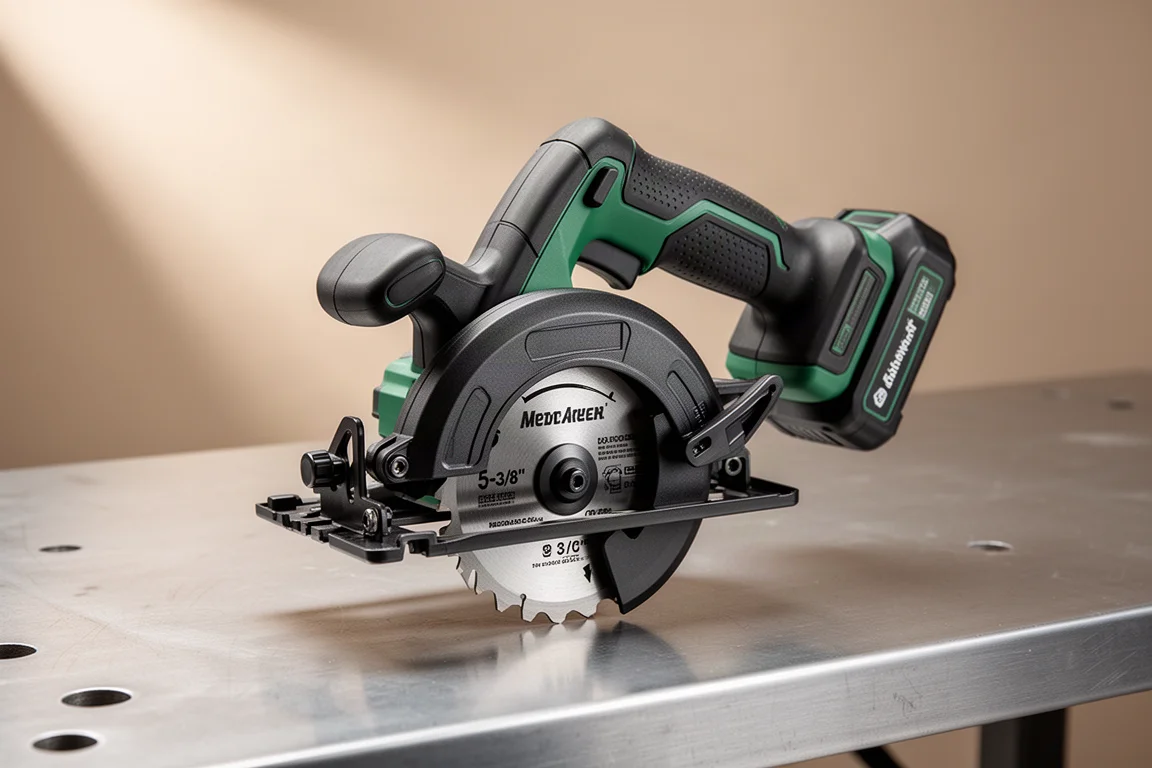 Compact cordless metal cutting saw on a brushed steel workbench