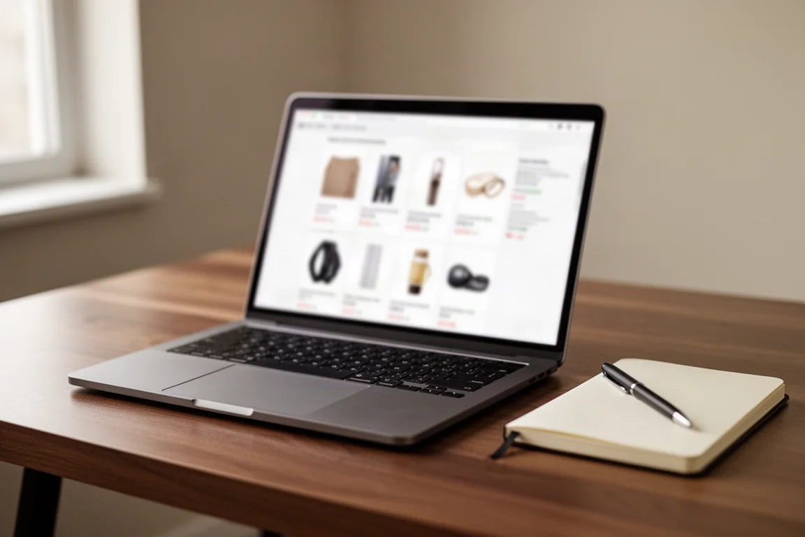Laptop som visar en prissorterad produktlista från lågt till högt på en verktygshandlares webbplats