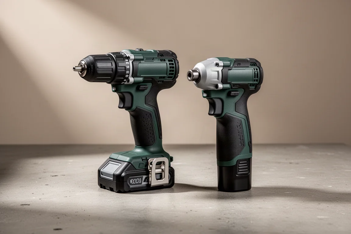 Metabo HPT compact drill and impact driver side by side on a concrete surface