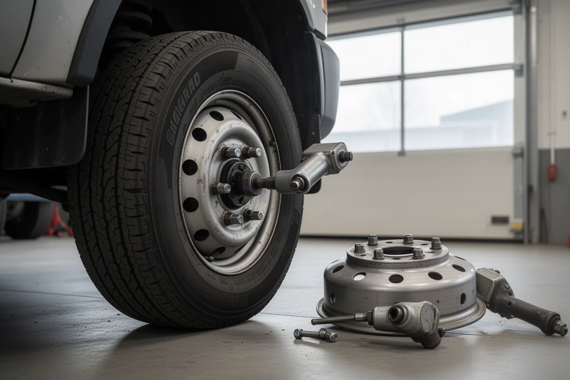 Mechanik samochodowy zdjęcie koła ciężarówki zakrętarką udarową w garażu