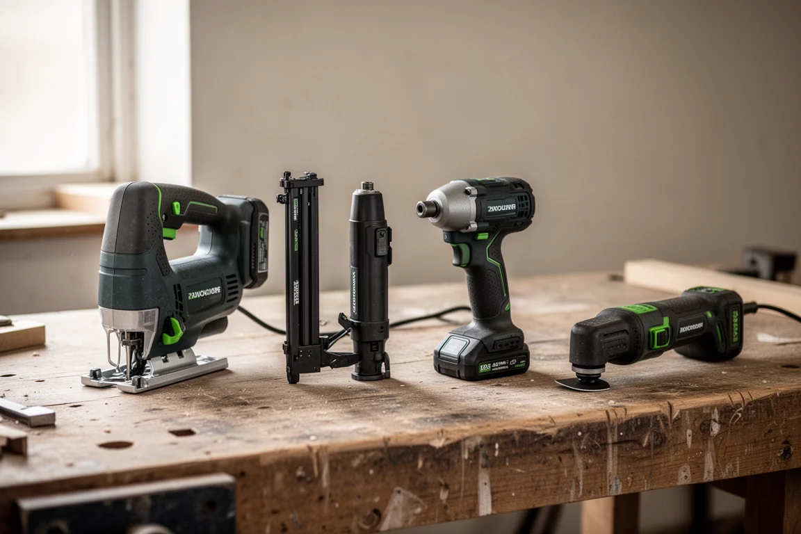 Workshop bench with several cordless power tools laid out for inspection