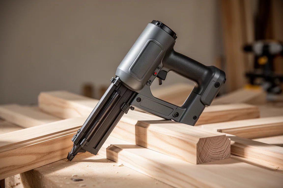 Cordless nailer resting on raw timber trim pieces