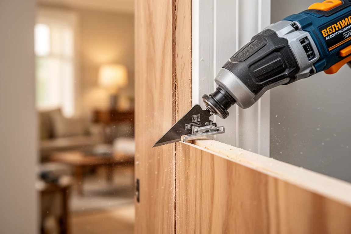 Oscillating multi-tool cutting a door jamb during trim installation