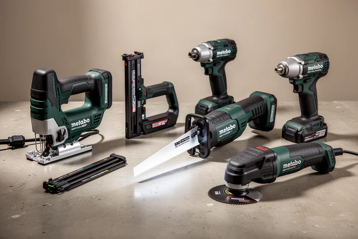 Collection of Metabo HPT cordless power tools arranged on a concrete workshop surface
