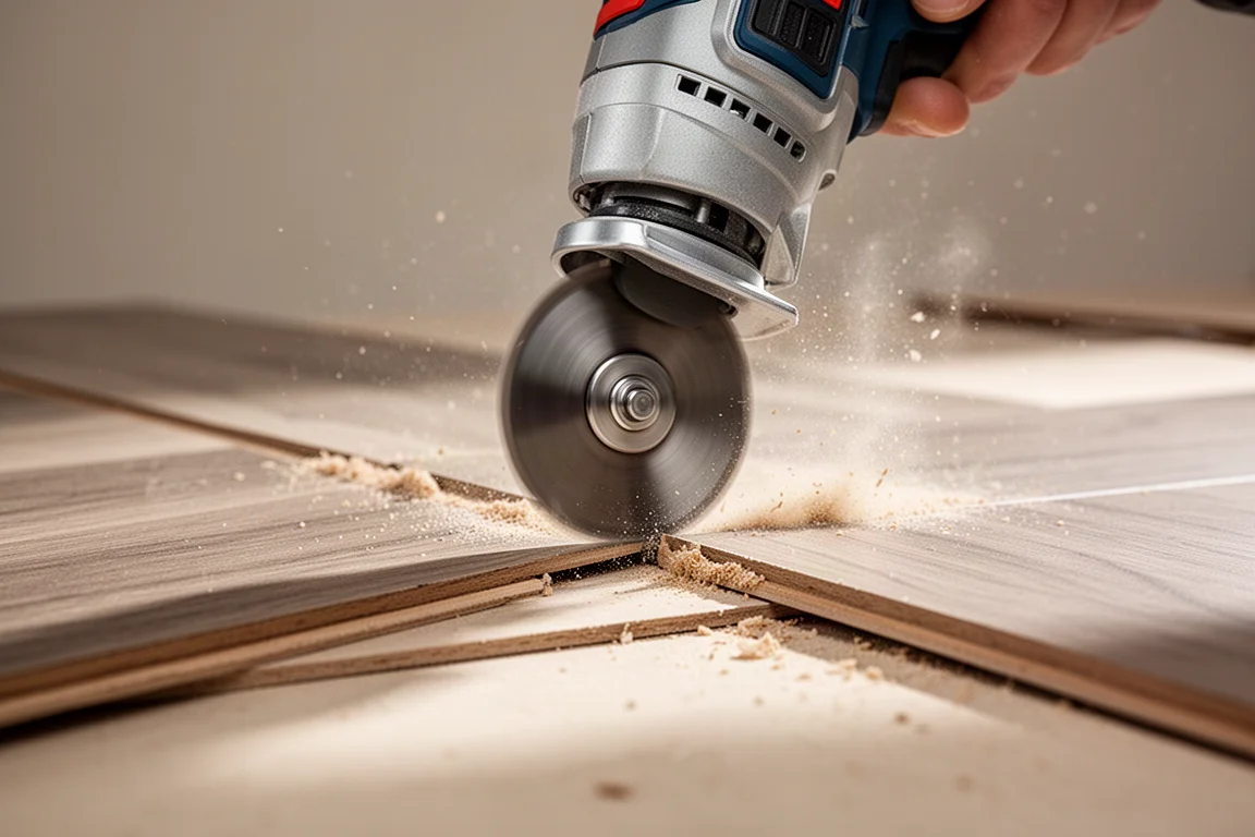 Una multiherramienta cortando suelo laminado con serrín volando