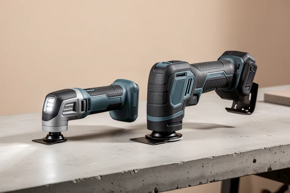 Two cordless oscillating multi-tools side by side on a concrete workbench