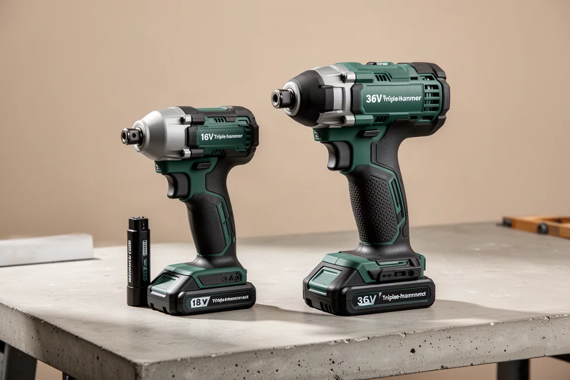 Two cordless impact drivers side by side on a concrete workbench
