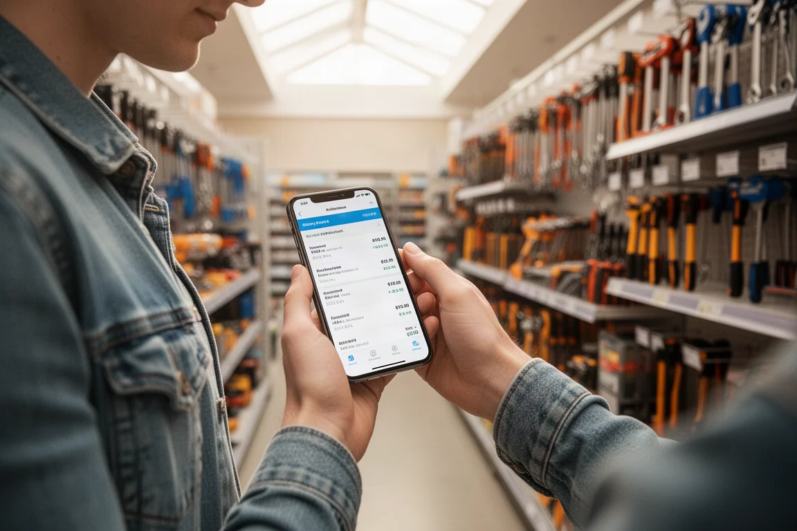 Käuferin vergleicht Werkzeugpreise auf dem Handy, während sie im Gang eines Baumarkts steht