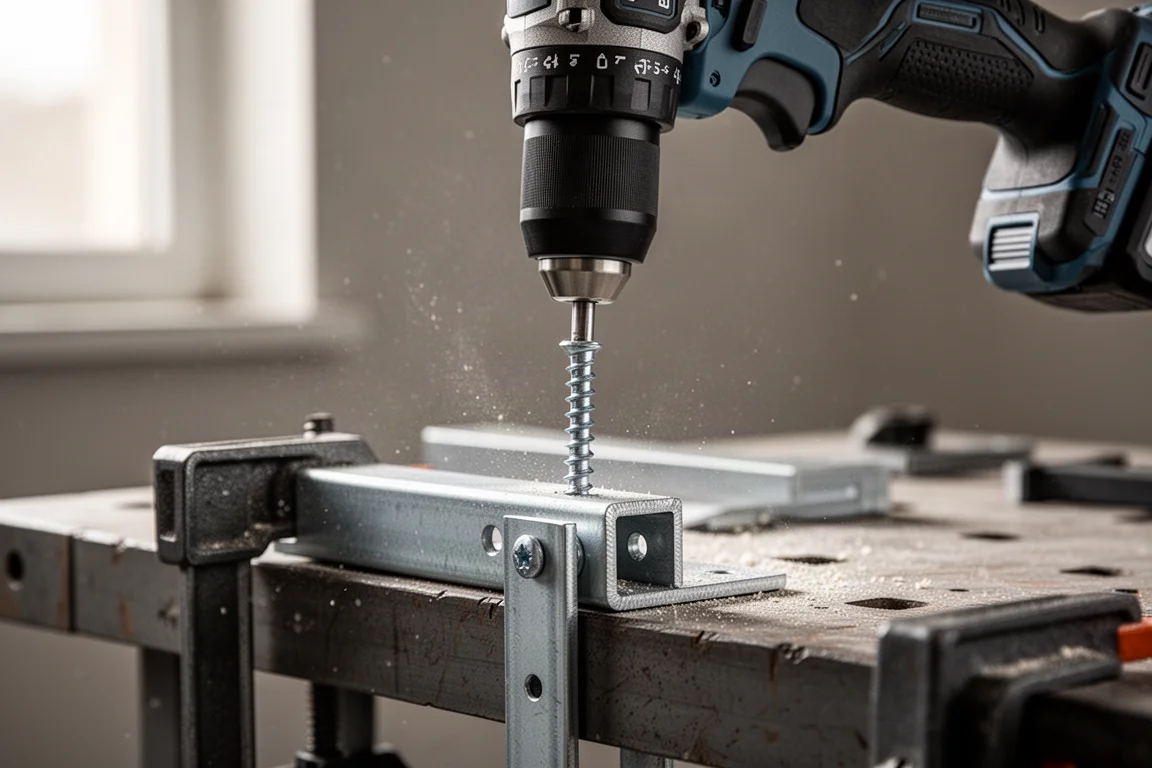 Akkuschlagschrauber treibt eine Schraube in eine Stahlhalterung auf einer Werkbank