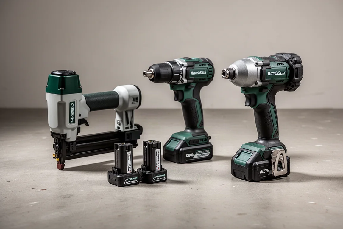 Three Metabo HPT power tools arranged on a concrete workshop floor