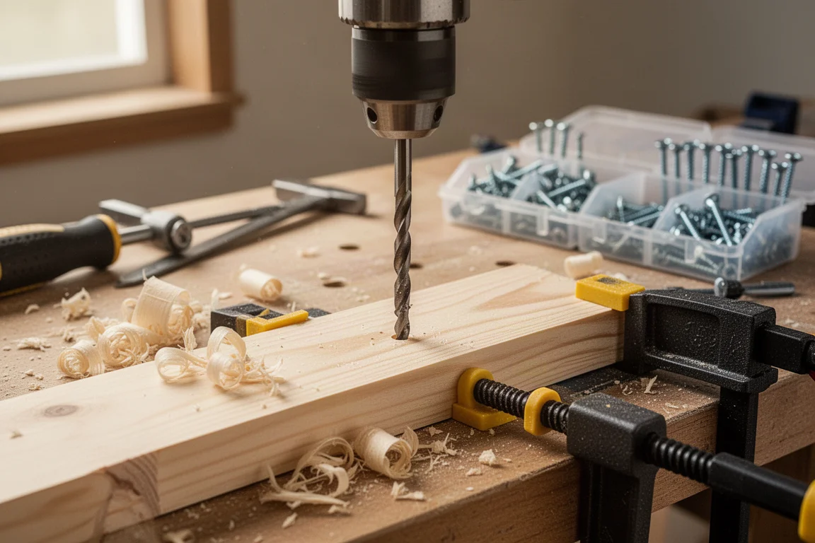 DIY-werkbank waar met een boormachine geleidegaten in een houten plank worden geboord