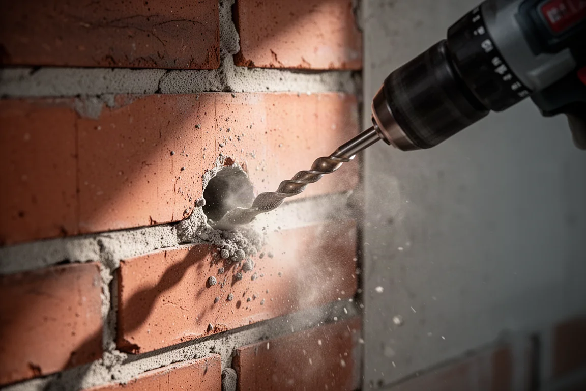 Close-up van boren in een muur van baksteen met betonstof
