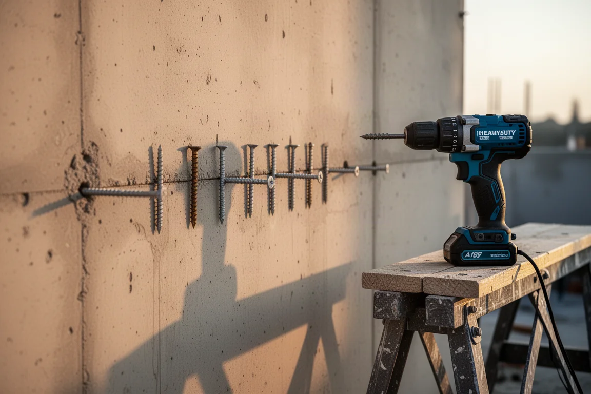 Aannemer die Tapcon-schroeven in metselwerk op een bouwplaats draait
