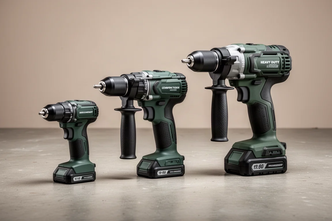 Three Metabo HPT cordless drills of increasing size lined up on a concrete floor