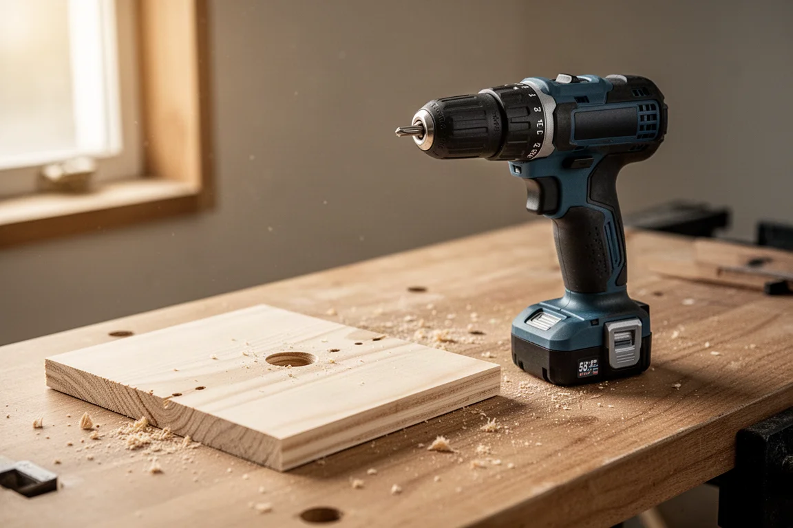 Compact cordless drill resting on a workbench beside a fresh spade bit