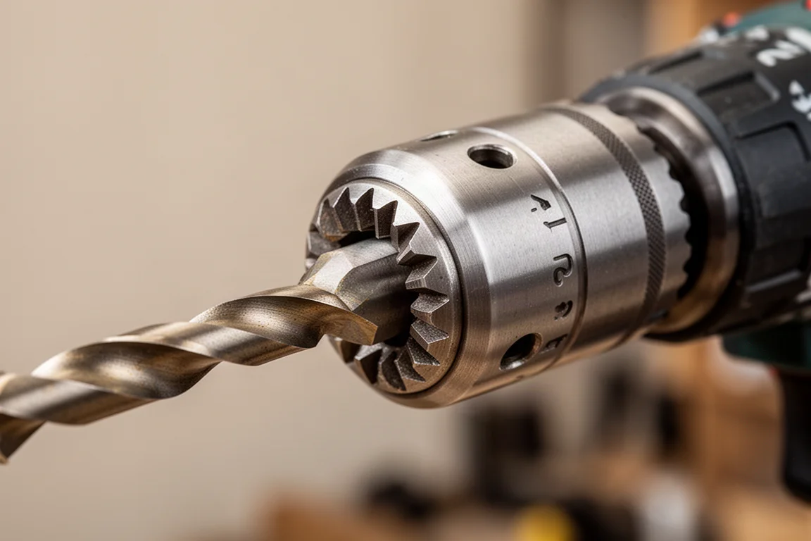 Close-up of a metal keyless drill chuck being tightened by hand