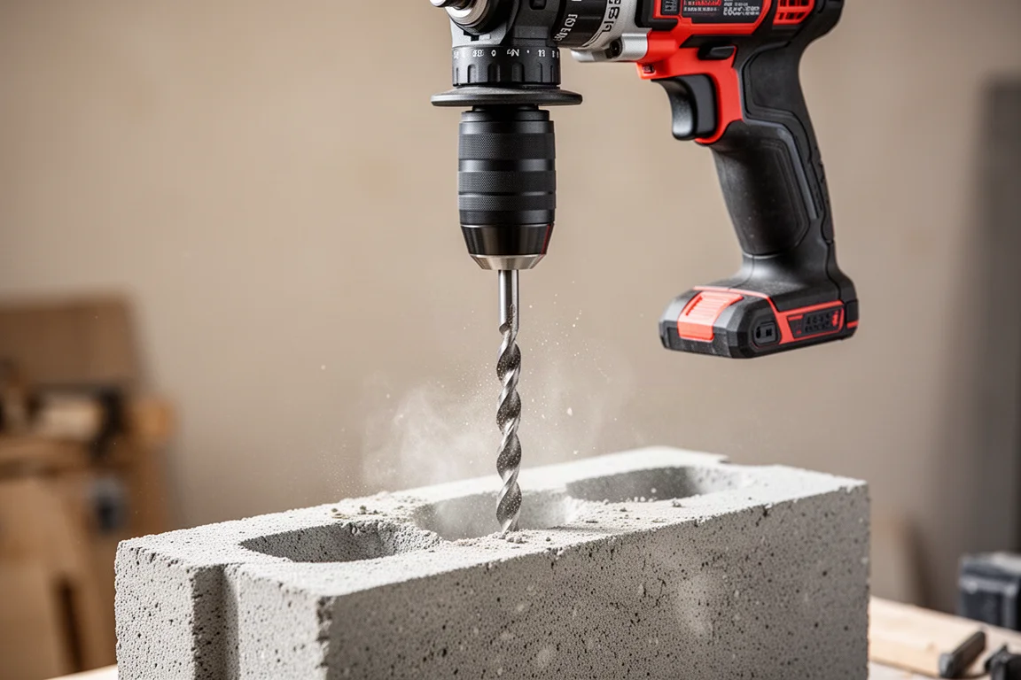 Hammer drill boring into a concrete block with visible dust