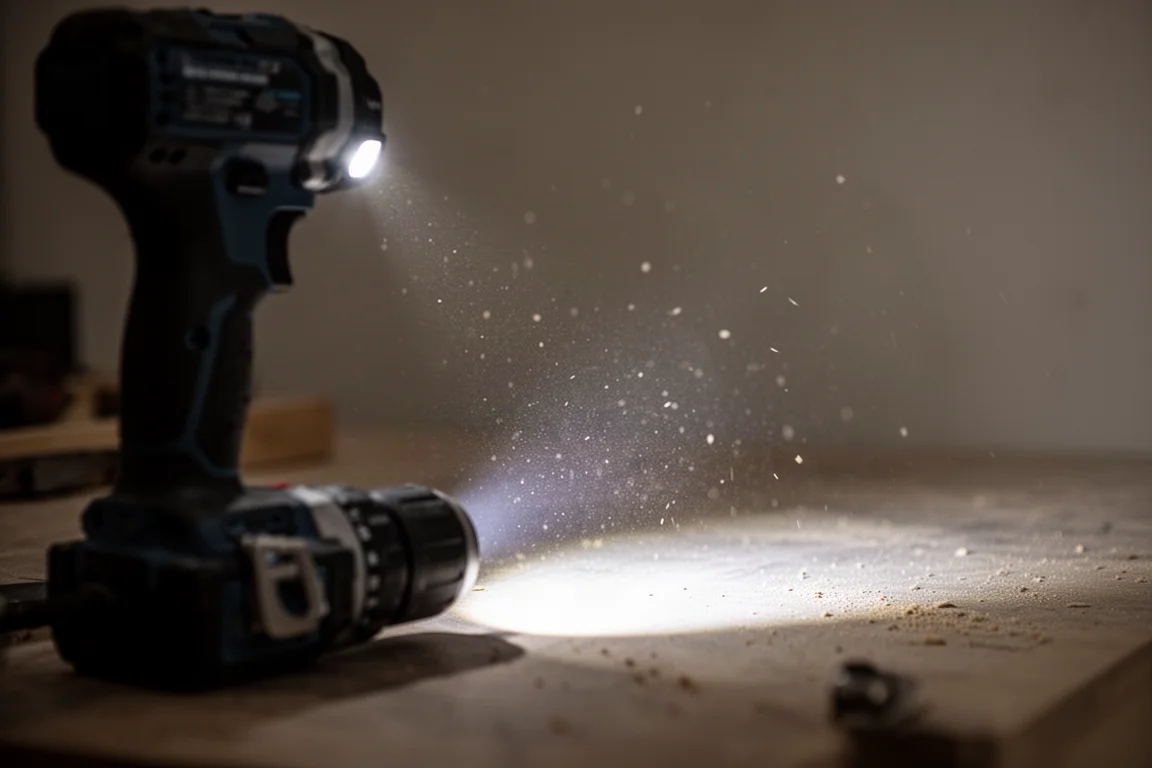 Nahaufnahme der LED-Arbeitsleuchte eines Bohrhammers, die einen dunklen Arbeitsbereich beleuchtet