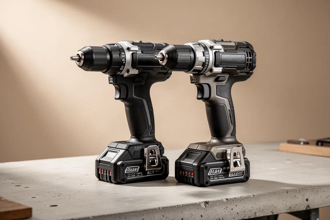 Two cordless hammer drills side by side on a concrete workbench