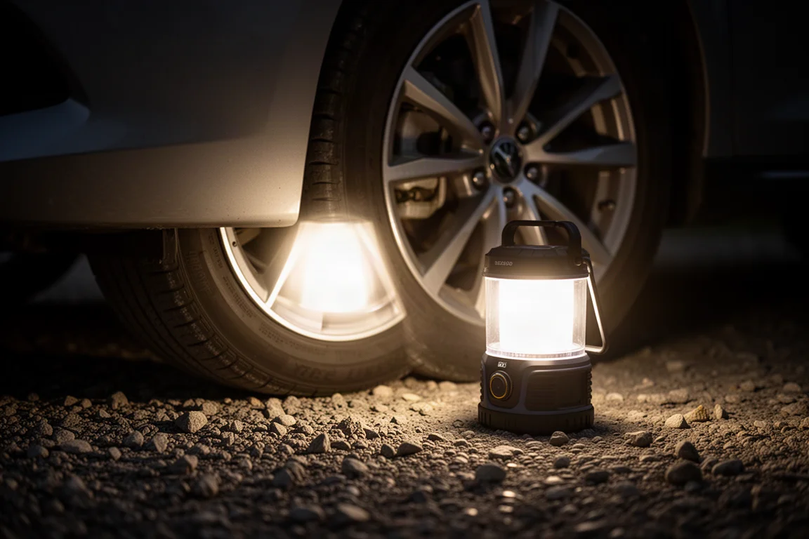 Lanterna che illumina di notte un'area di lavoro su una ruota o un cerchione