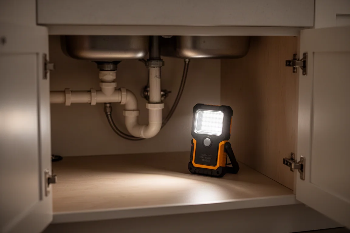 Area di lavoro sotto il mobile illuminata delicatamente da una luce da lavoro portatile