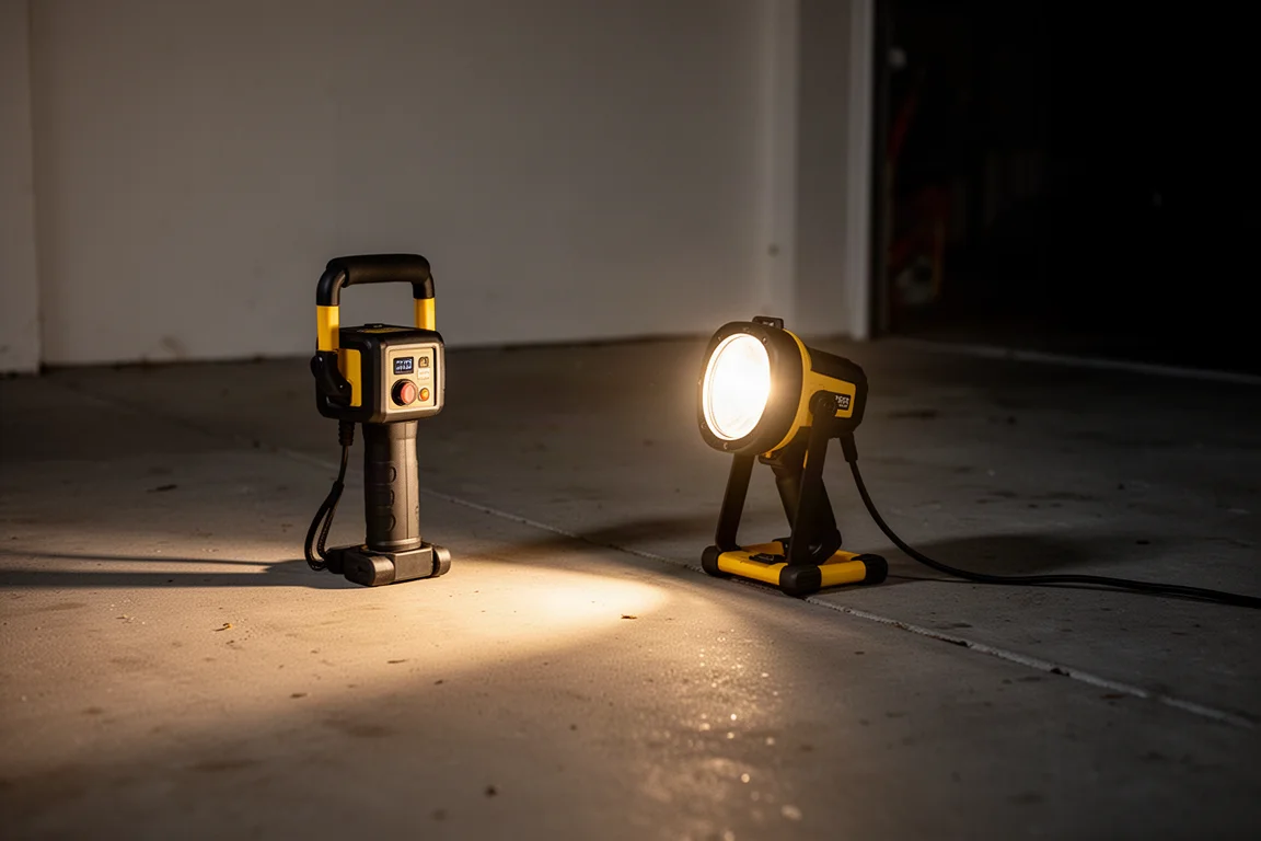 Holofote portátil projetando um feixe brilhante em uma garagem escura