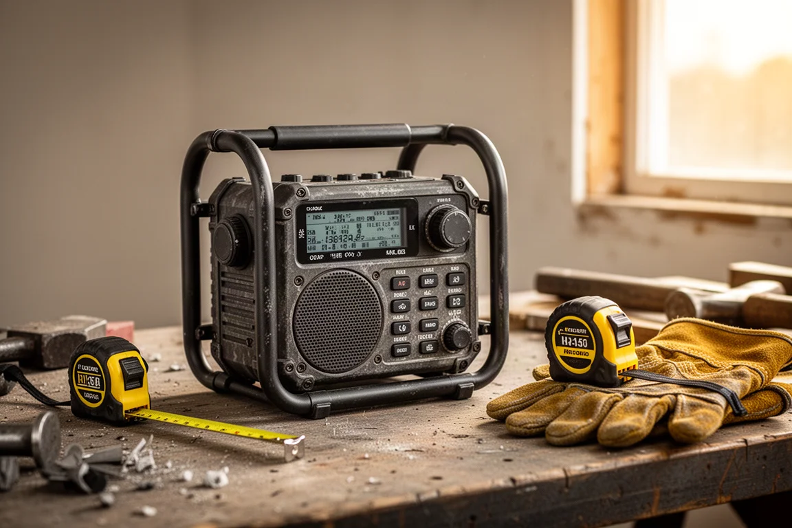 Rádio de canteiro de obras apoiado em uma bancada entre ferramentas