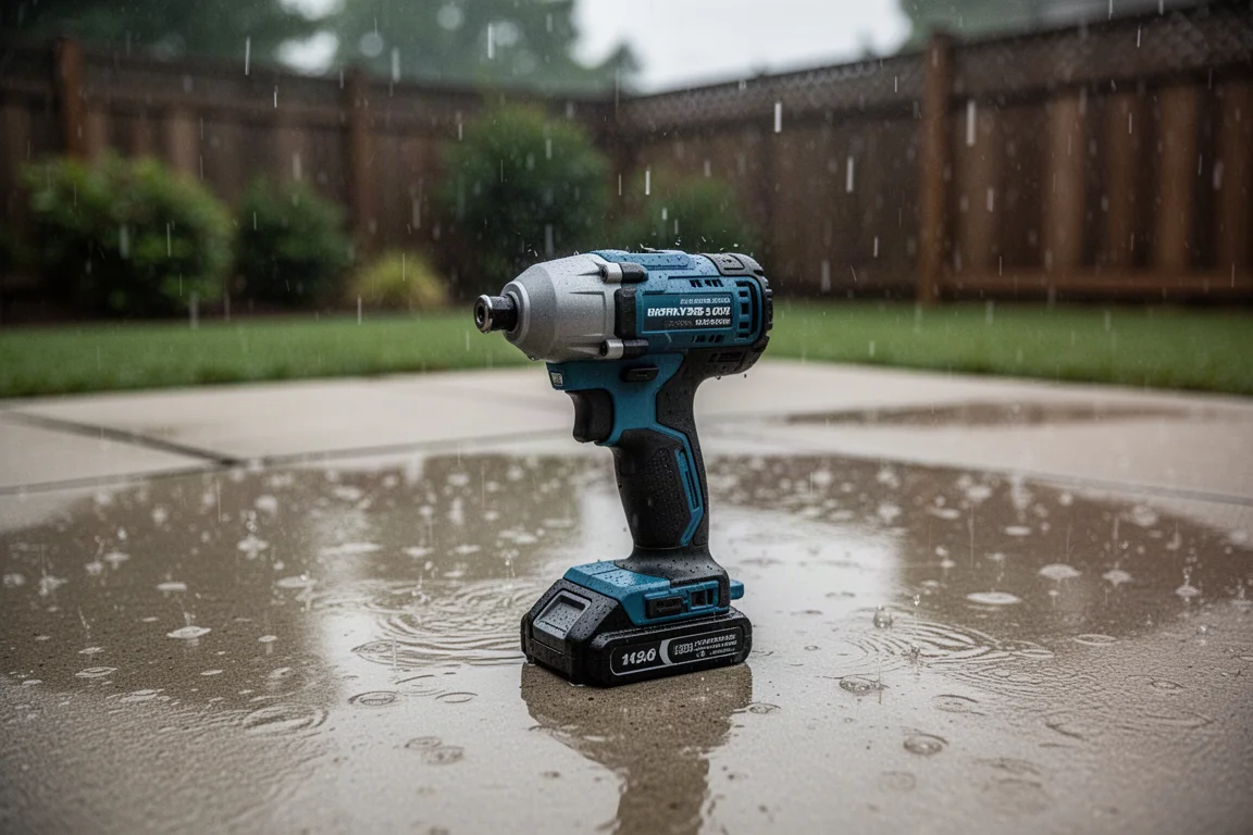 Cordless impact driver sitting on a backyard patio in heavy rain