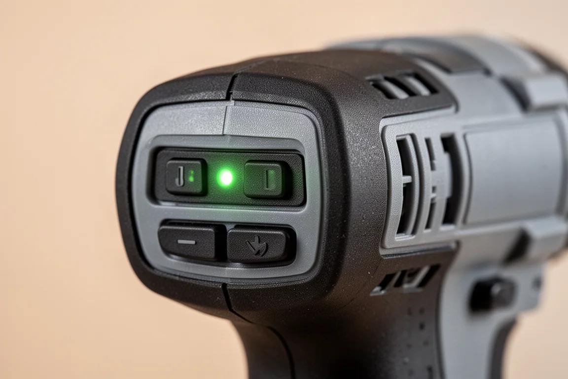 Close-up of LED indicator lights on the body of an impact driver