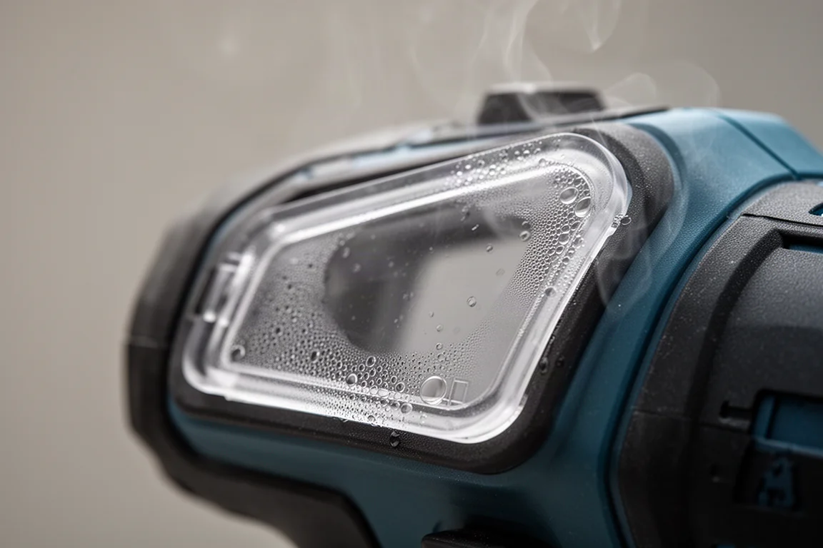 Moisture clearing from behind a clear plastic cover on a power tool