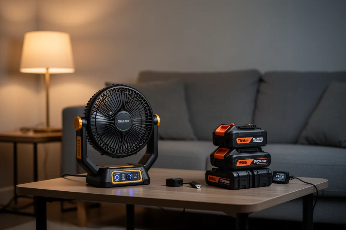 Portable fan and tool batteries set up indoors during a power outage
