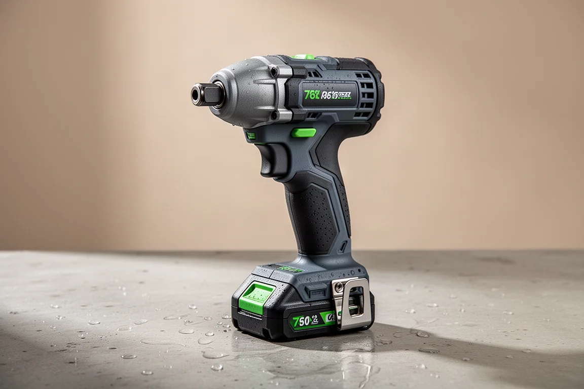 Metabo HPT half-inch impact driver on wet concrete in soft light