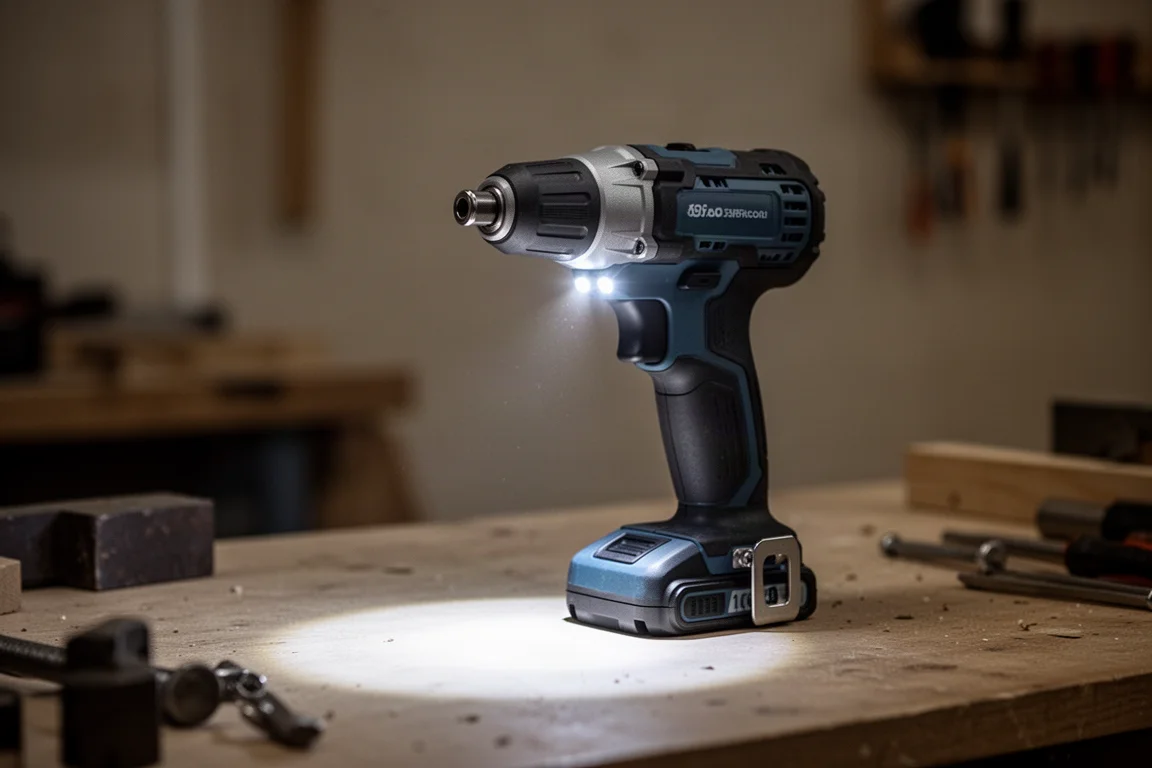 Avvitatore a impulsi in equilibrio su un banco da lavoro con la luce LED accesa