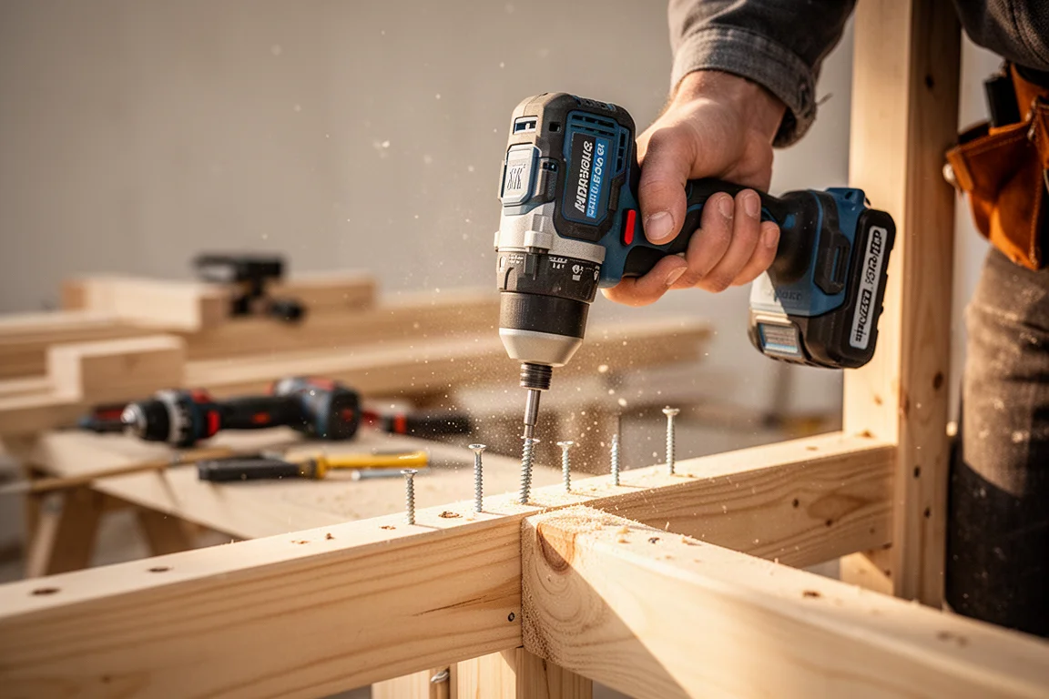Operatore che avvita viti con un avvitatore a impulsi senza filo in cantiere