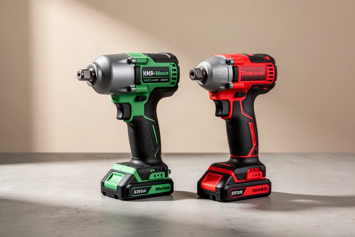 Metabo HPT impact wrench and HiKOKI impact driver side by side on concrete