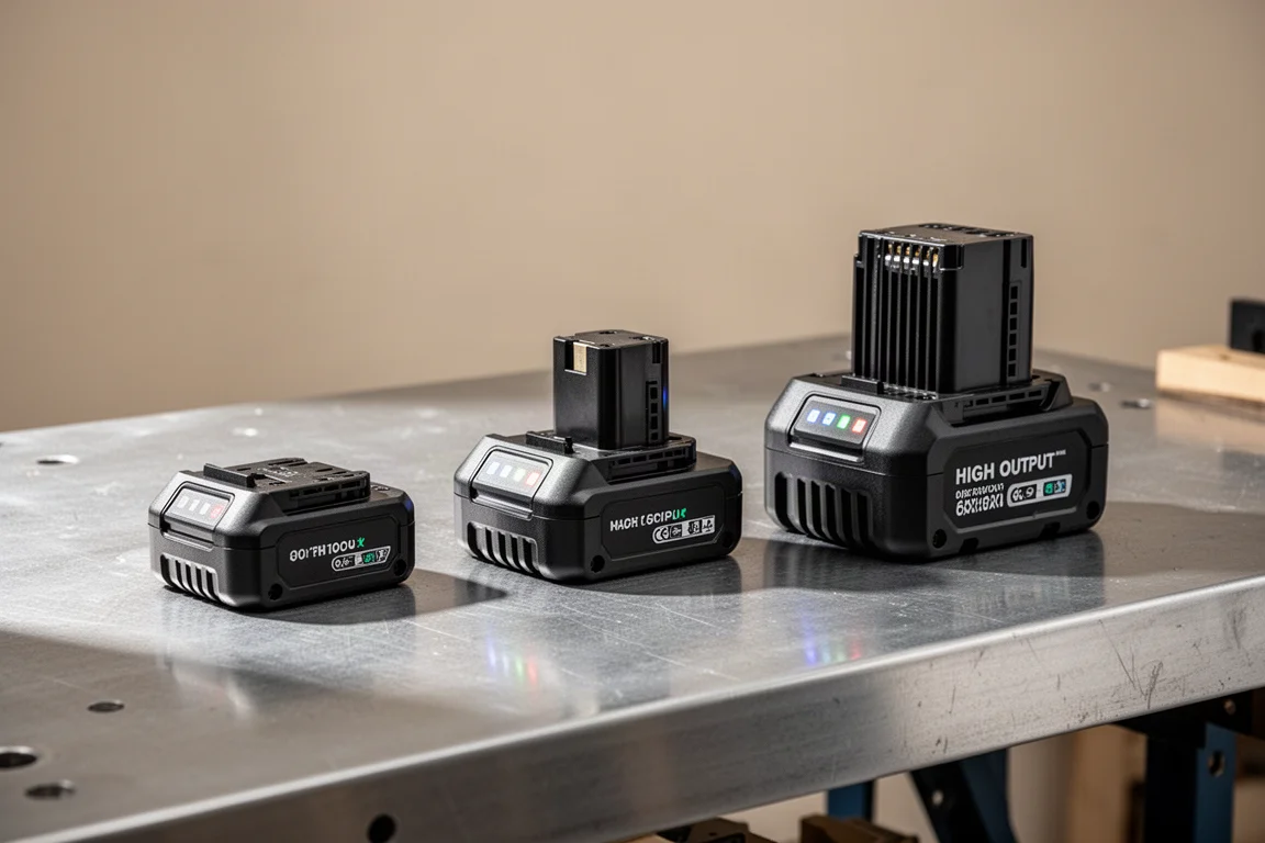 Verschiedene Akku-Werkzeugbatterien in einer Reihe auf einem Werkstatttisch