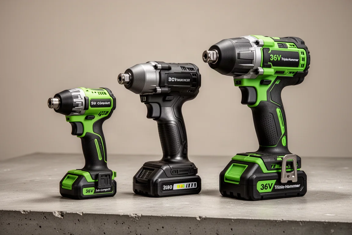 Three Metabo HPT impact drivers lined up on a concrete workshop surface